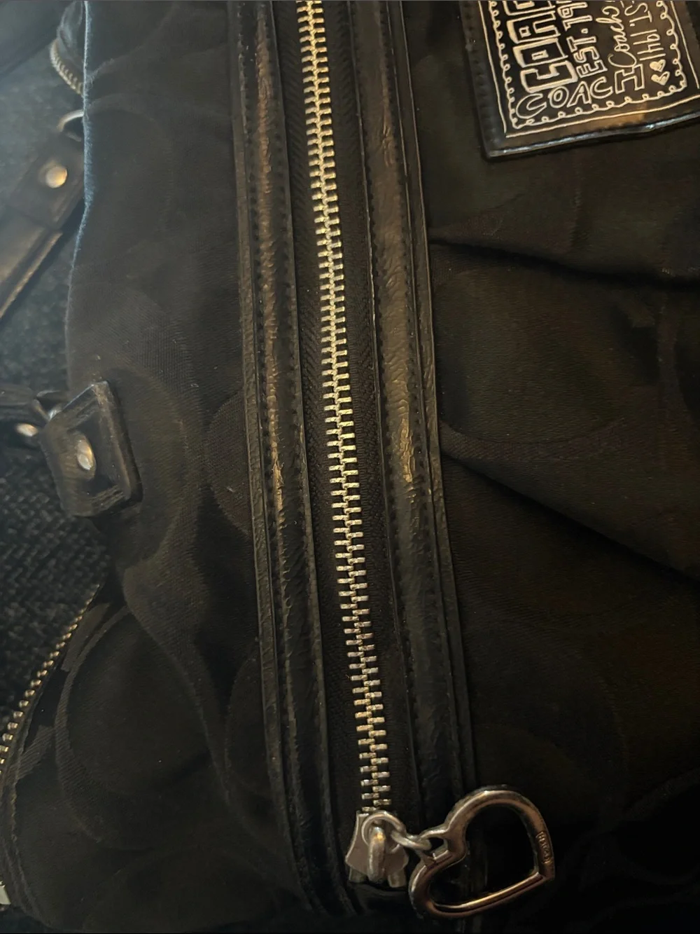 Black Coach signature jacquard shoulder/tote bag w/black leather trim